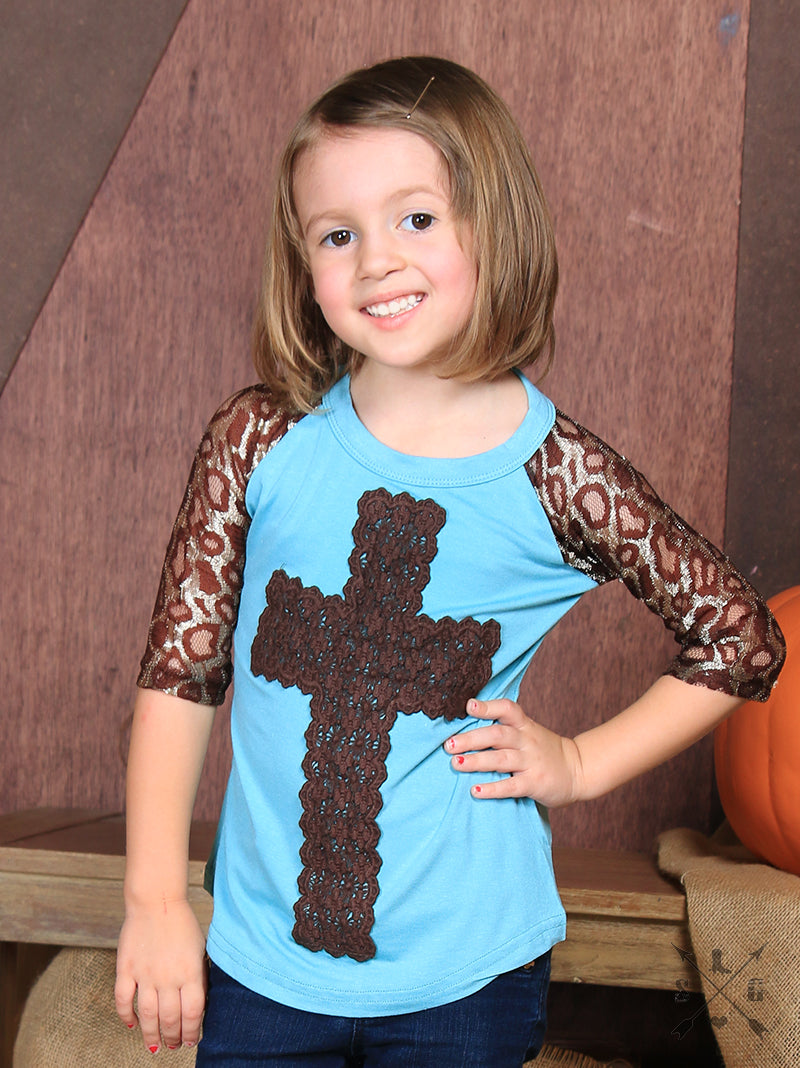 Turquoise Tee with Brown Cross Appliqué and Leopard Sleeves