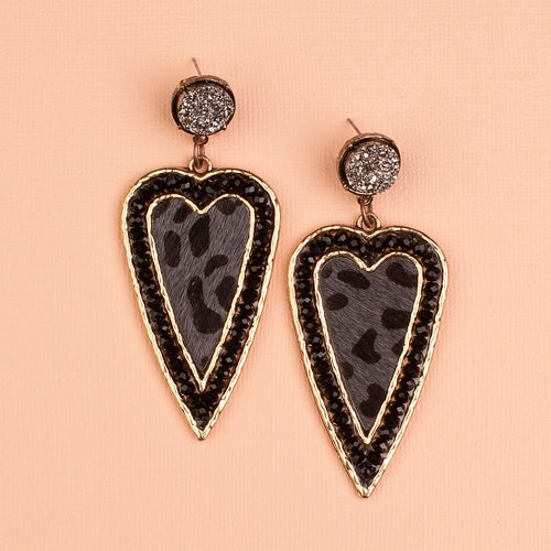 Black Leopard Heart Stud Earrings