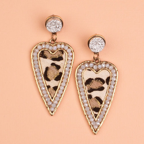 Ivory & Leopard Heart Stud Earrings