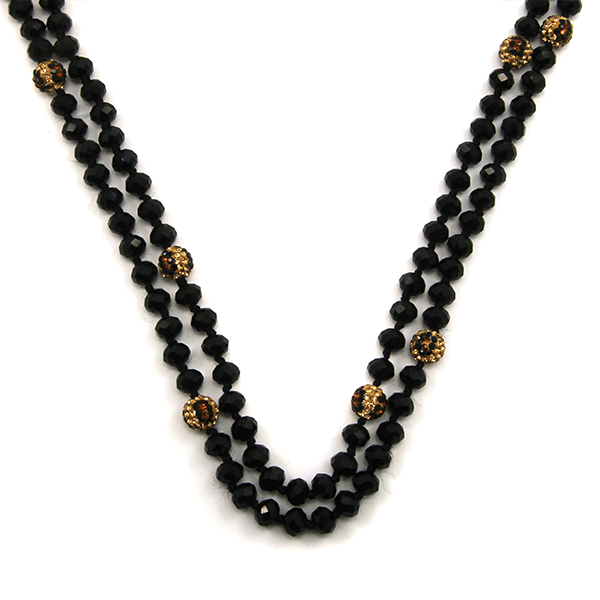 60” Black Crystal Bead Necklace with Leopard Accents