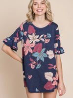 
              $5 FINAL SALE! Floral Print Navy French Terry Tunic
            