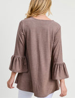 
              S, 3X only--(NO RETURNS) 3/4 Bell Sleeve Top-Earth
            