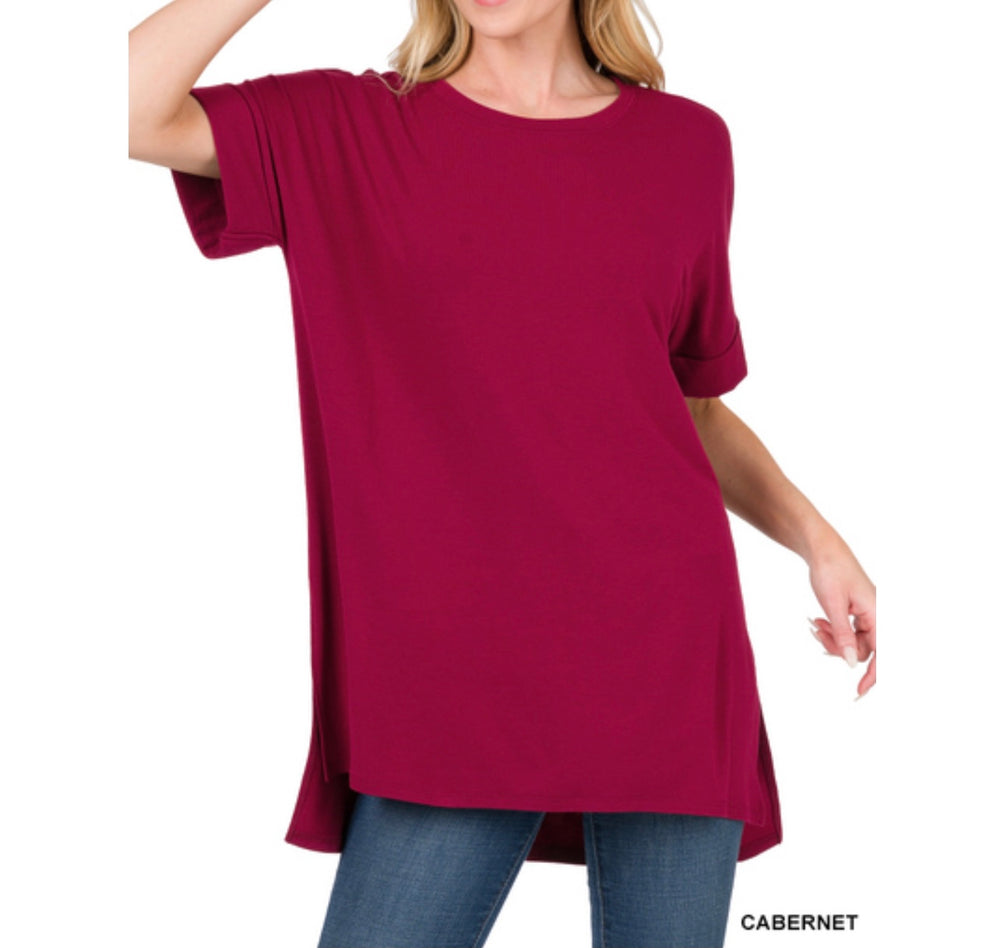 Rolled Sleeve Top, Hi Lo Hem, Cabernet