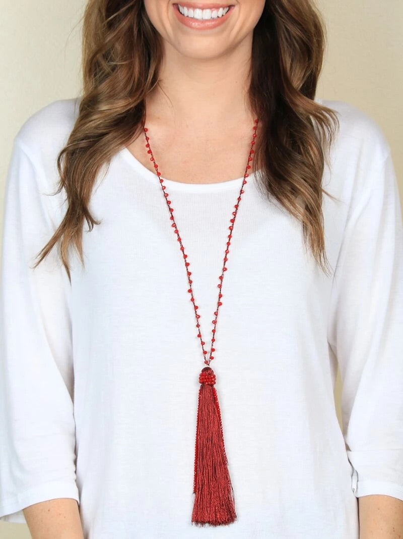 Red Necklace with Beaded Tassel