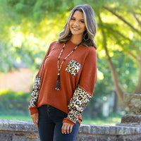 Rust Knit Waffle Top with Leopard Sequins