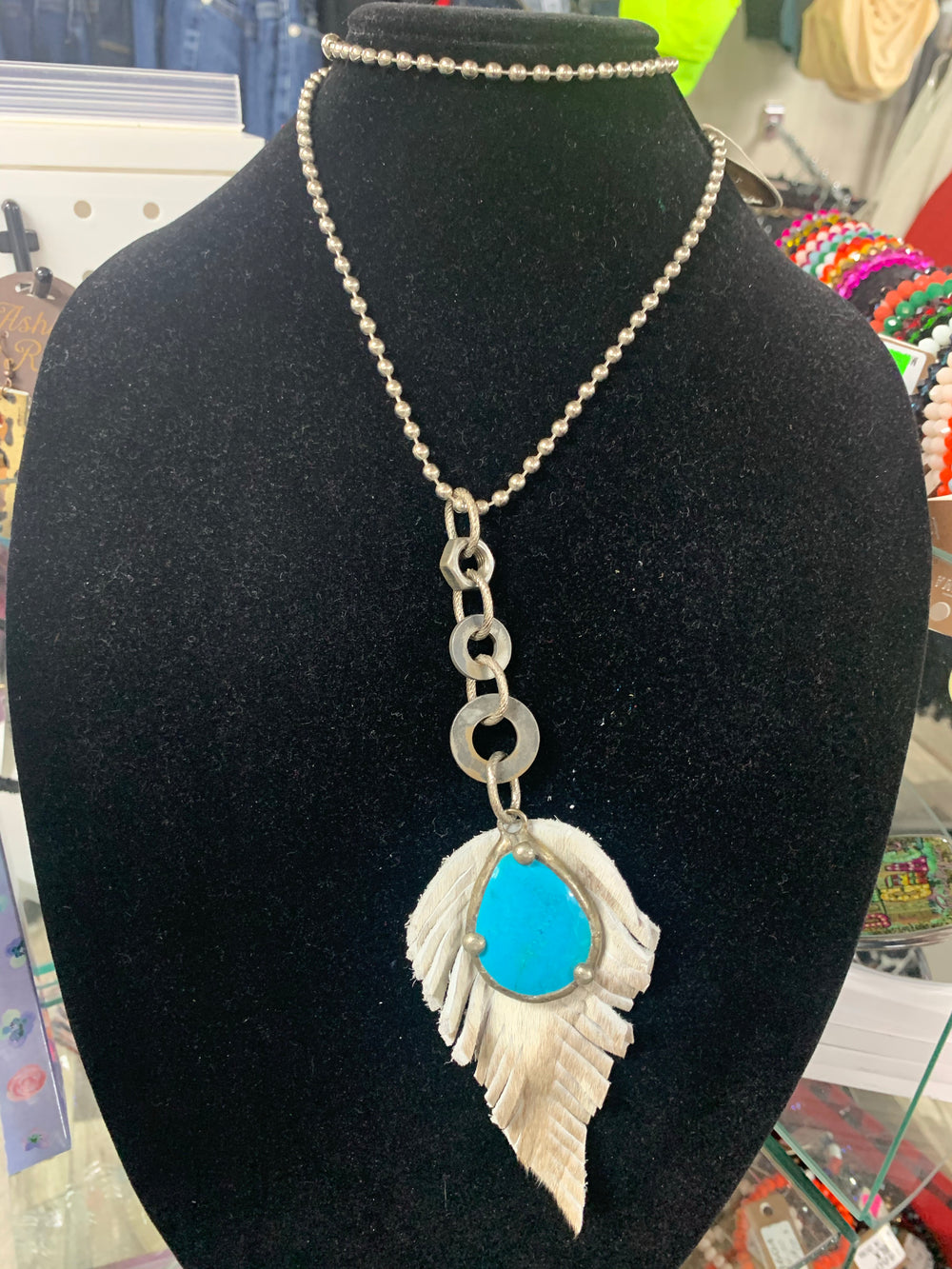 Leather Feather Turquoise Necklace
