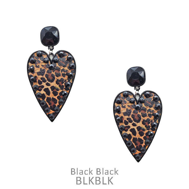 Heart Leopard Earrings with Black Crystals