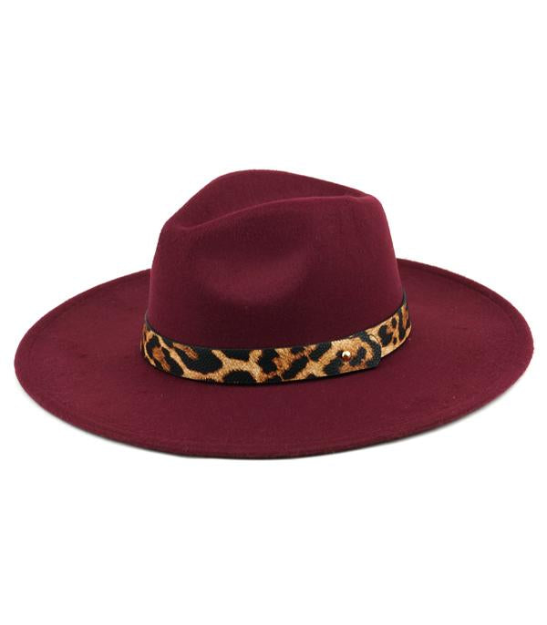Leopard Trim Rancher Style Hat-Burgundy