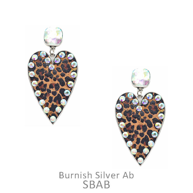 Heart Leopard Earrings with Silver and AB Crystals