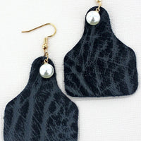 Pearl Weathered Cattle Tag Earrings-Black