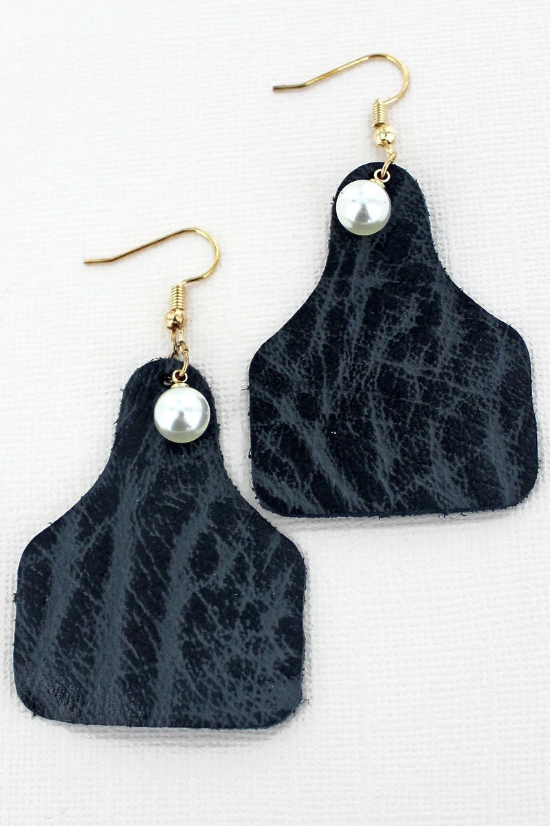 Pearl Weathered Cattle Tag Earrings-Black