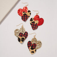 Triple Heart Glitter Animal Print Earrings in Gold