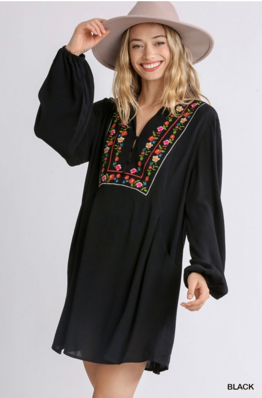 Embroidered Bell Sleeve Dress