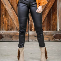 Black Faux Leather Mid Rise Skinny Pants-Regular