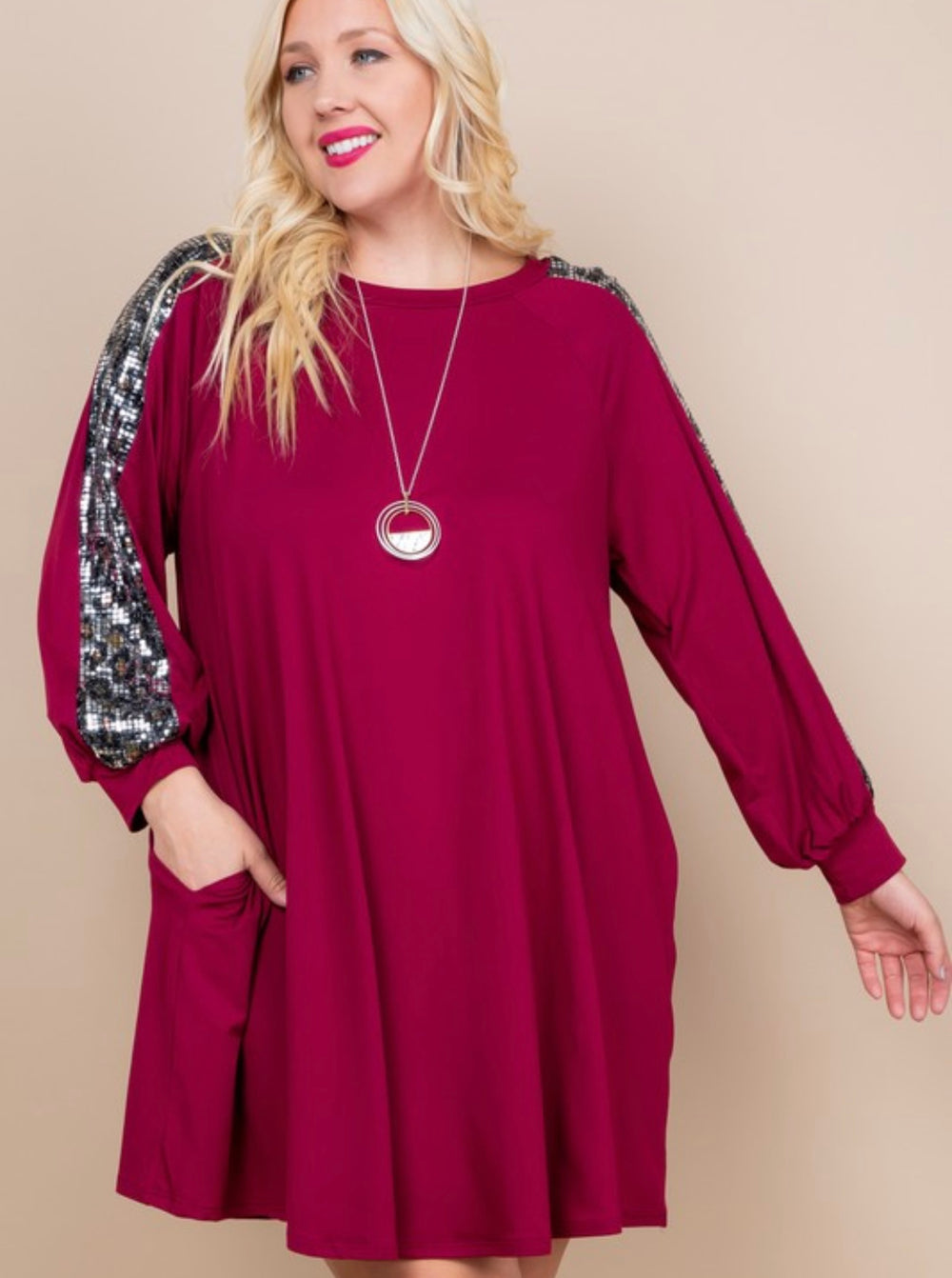 Swing Dress with Animal Print Sequins-Wine