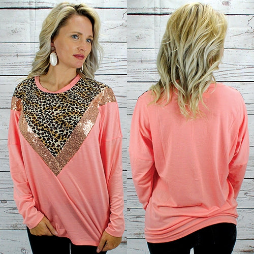 Leopard and sequin Long Sleeve Top-Mauve