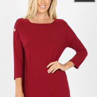 Cabernet 3/4 Sleeve Boat Neck Wood Button Top