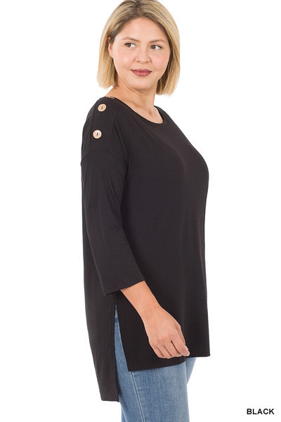 Plus Black 3/4 Sleeve Boat Neck Wood Button Top